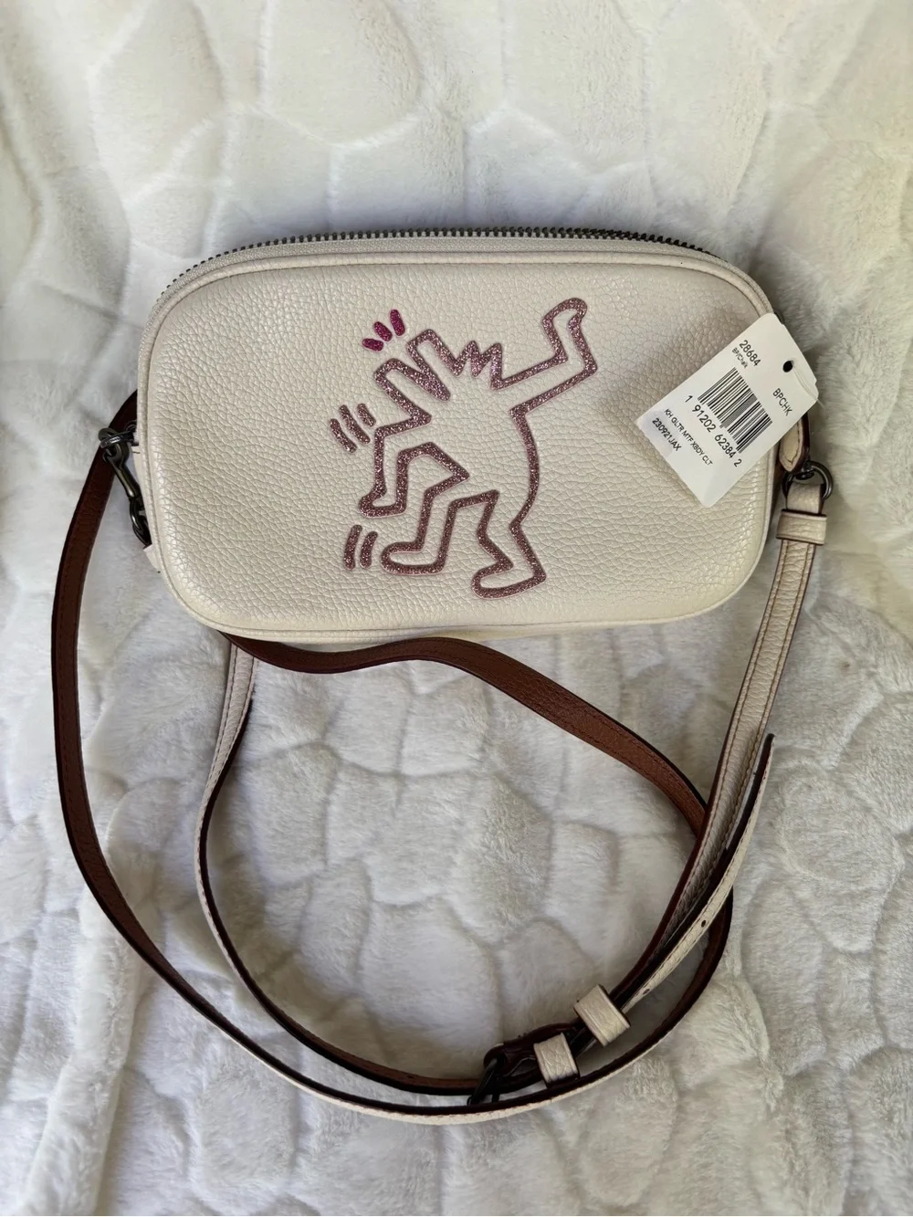 Coach x Keith Haring Sadie Crossbody Clutch Pink Glitter Dancing Man 28684